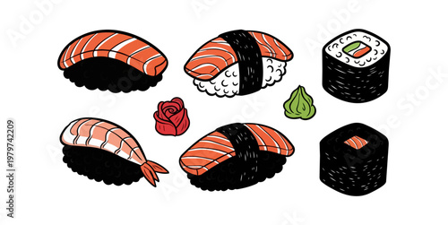 Sushi selection illustration on dark background