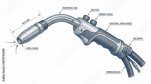 Labeled diagram of a MIG welding torch showing nozzle tip, handle, current knob, gas supply, power cable, and wire feed with welding arc emerging.