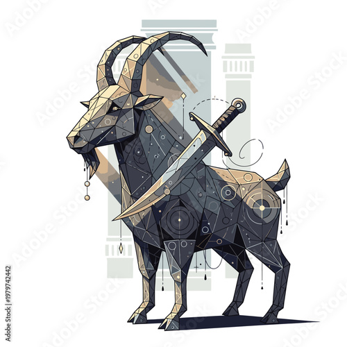 Goat with sword on its back standing.