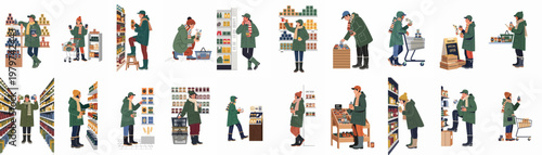 Flat illustration set of people in winter clothing shopping for groceries and canned goods at a supermarket.
