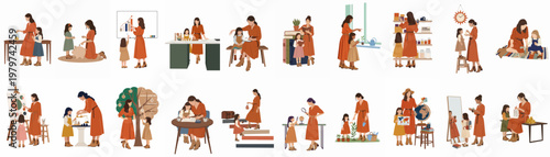 Collection of vector illustrations showing a mother teaching her daughter about financial literacy, education, and life skills through various engaging daily activities.