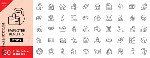 Employee benefits icons set. Includes symbols of insurance, healthcare, retirement plans, paid leave, wellness programs, rewards, and compensation. Editable stroke. Vector illustration. Outline icons.