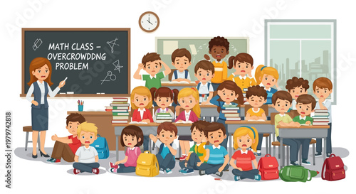 Classroom full of students and a teacher, illustrating the problem of overcrowding in schools, suitable for educational content