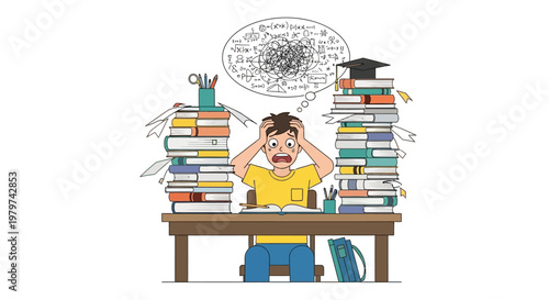 A stressed student drowning in books and assignments, overwhelmed by academic pressure and endless study, a visual metaphor for educational struggles and mental overload