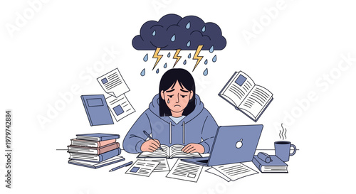 Overwhelmed student feeling stressed and anxious while studying, facing academic pressure and mental burnout, a detailed vector illustration