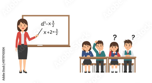 Dedicated teacher explains complex math equations on a whiteboard to a class of students raising hands with questions, illustrating a common learning challenge in education