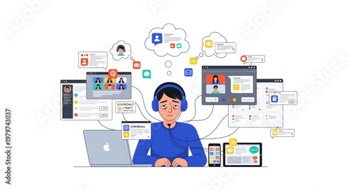 Overwhelmed person dealing with multiple digital devices and virtual communication challenges, illustrating information overload and digital stress in modern life