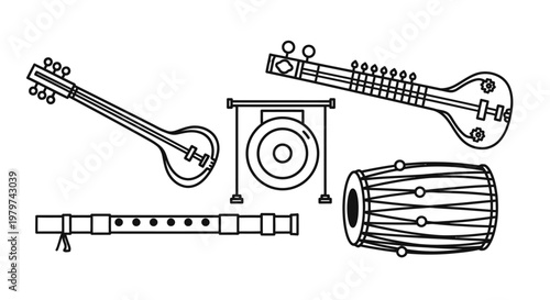 Traditional Indian musical instruments collection.