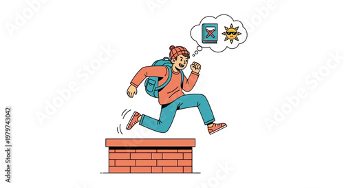 Illustration of a student leaping over a brick wall, symbolizing overcoming challenges and pursuing education with enthusiasm and determination