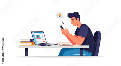 Illustration of a person engrossed in their smartphone, amidst a study setup with laptop and books, depicting digital age learning and contemporary distractions