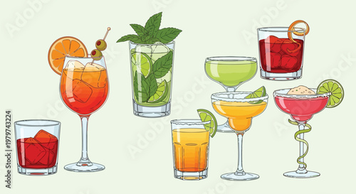 Colorful cocktail drinks with various garnishes on light green background