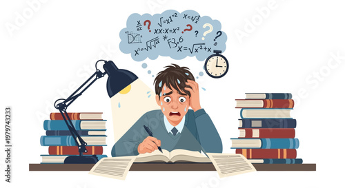 Student struggling with exams and homework, feeling stressed and overwhelmed by difficult subjects and complex math problems, late for a deadline