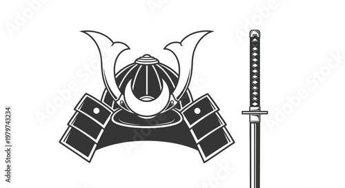 Samurai helmet and sword illustration.
