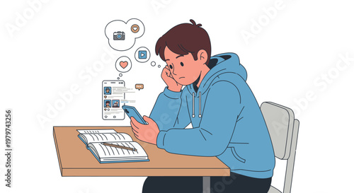 Teenage student feeling bored and distracted by social media on their smartphone while sitting at a desk with books