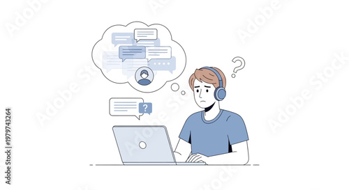 Overwhelmed young man grappling with information overload and digital communication stress, lost in a flurry of messages and notifications while trying to focus on a complex concept at his laptop