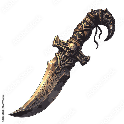 Intricately designed dagger with curved blade.