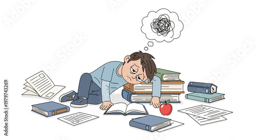 Exhausted student overwhelmed by studies and homework, struggling with a complicated thought process