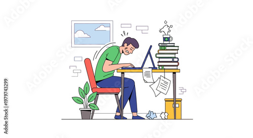 Overworked programmer or student slouching at a messy desk with a laptop, symbolizing burnout and stress from excessive work or study