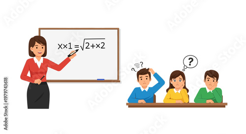 Teacher explaining a complex math equation on a whiteboard to confused students sitting at desks