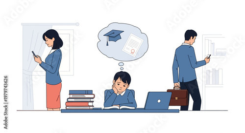 Young student envisions academic success and graduation, while parents are engrossed in digital phone distractions, highlighting modern family life and aspirations