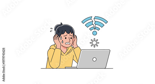 Frustrated Person Reacts to Broken Wifi Symbol and Laptop Error, Illustrating Connectivity Issues