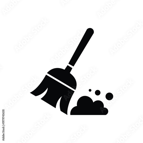 Broom cleaning icon with dust pile representing sweeping, cleaning, housekeeping, sanitation, and hygiene. Simple black silhouette symbol for maintenance, janitor services, and tidy environment concep