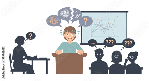 Conceptual illustration of intense public speaking anxiety, where a nervous presenter struggles with fear and overwhelming stress during a challenging presentation to an unhappy audience