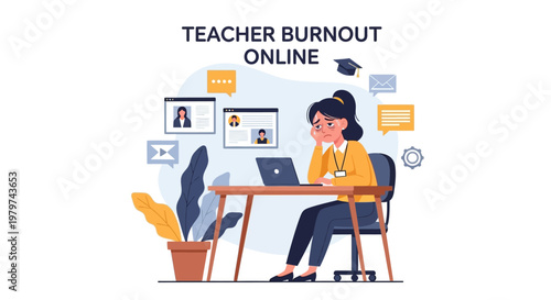 The emotional toll of teacher burnout, illustrated through a woman working online in isolation, emphasizing mental health challenges and exhaustion