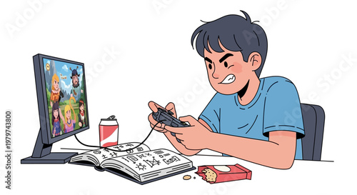 Illustration of a young boy intensely playing video games on a computer with a soda and snacks nearby