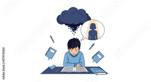 A young student feeling the immense burden of academic stress and mental pressure, struggling with studies under a looming cloud of worry and high expectations for success