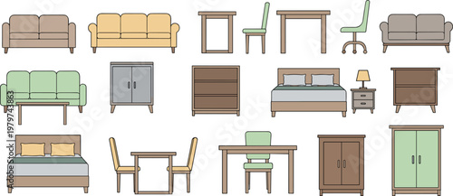 Modern Interior Furniture And Home Decor Vector Set Featuring Comfortable Sofas Wooden Tables Office Chairs Beds And Storage Cabinets For Residential Real Estate And Lifestyle Graphic Designs