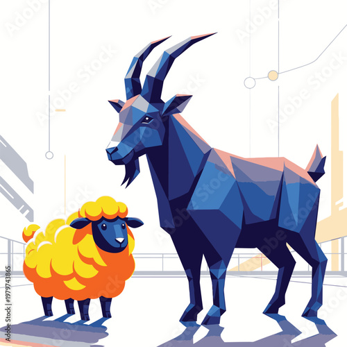 Low Poly Goat and Sheep Standing.