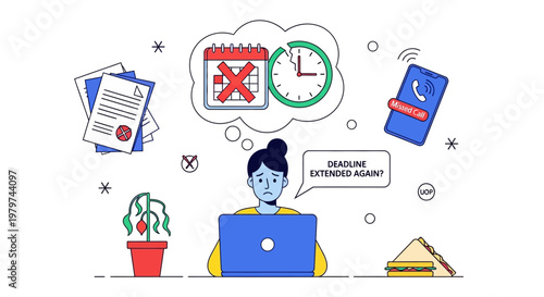 Overwhelmed person working remotely on a laptop, stressed about deadlines and work-life balance