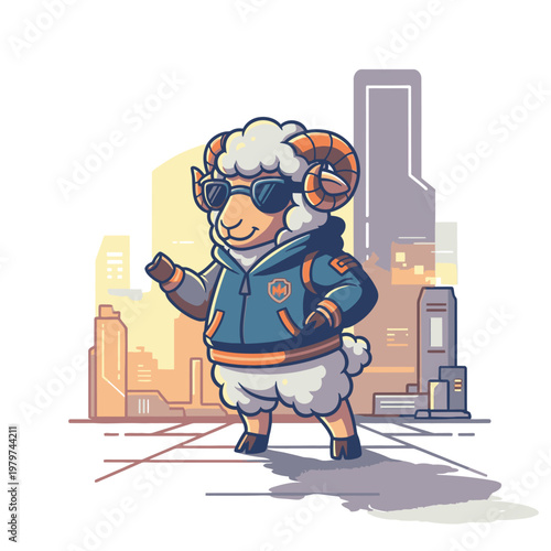 Cartoon sheep wearing sunglasses jacket.