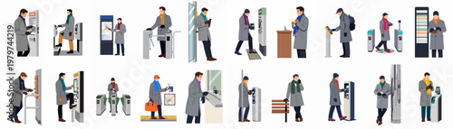 Set of flat vector illustrations showing a man in winter attire using various public transport services, ticket machines, and digital payment methods.