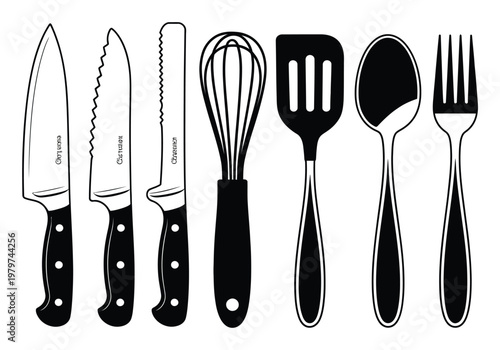 Collection of Kitchen Utensils: Knives, Whisk, Spatula, Spoon, and Fork