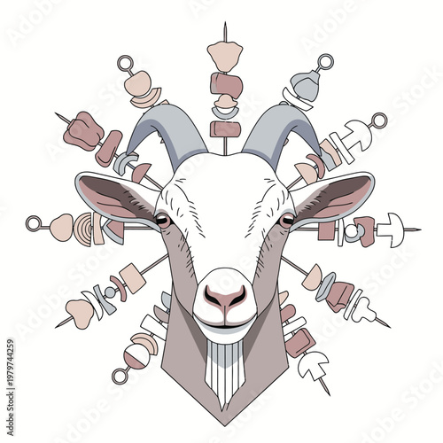 Goat head with meat skewers decoration.