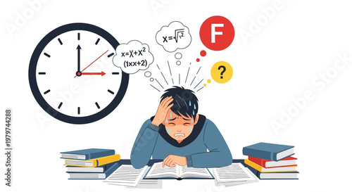Student stressed out with exams and deadlines, feeling overwhelmed by schoolwork and academic pressure with a clock ticking