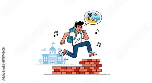 Young student happily jumping over a brick wall towards a tropical island, symbolizing freedom and education