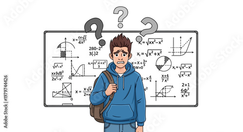 A confused student with a backpack stands in front of a whiteboard filled with complex mathematical equations and diagrams, questioning their understanding
