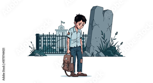 A poignant illustration of a sad boy with a worn backpack standing forlornly by a school fence, symbolizing childhood poverty and the profound struggle for education