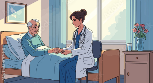 Healthcare professional comforting elderly patient in hospital room with natural light