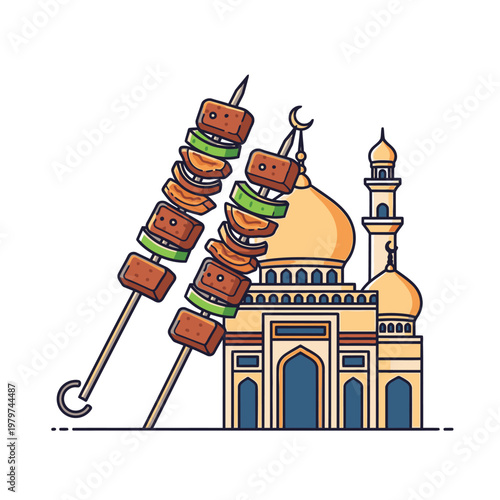Skewers of meat in front mosque.