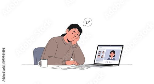Tired student falls asleep during online class, demonstrates exhaustion and overwhelming workload