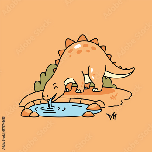 Stegosaurus drinking from a pond.