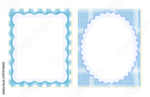 Cute pastel blue plaid photo frame set with scalloped border, baby scrapbook memory template, social media collage background