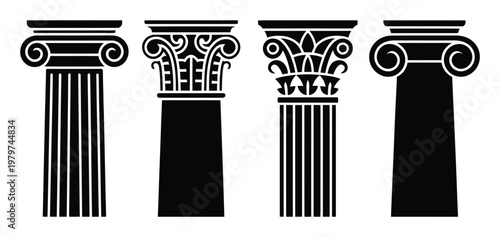 Four Black Silhouette Columns with Different Classical Architectural Styles