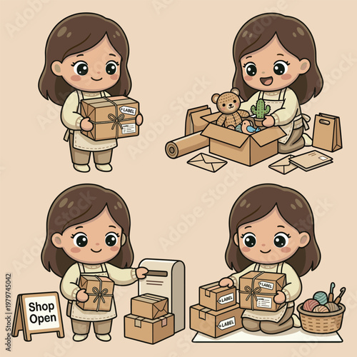 Cartoon girl delivering packages with crochet items