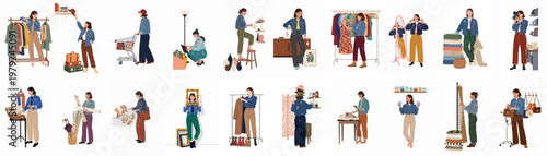 Set of flat illustrations featuring women engaged in vintage shopping, home decor, crafting, and sustainable lifestyle activities in a modern aesthetic style.