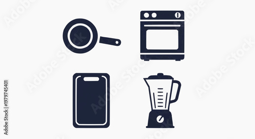 Minimalist kitchen appliance icons, flat vector set of 4 cooking tools, black oven and blender symbols, frying pan and cutting board graphics
